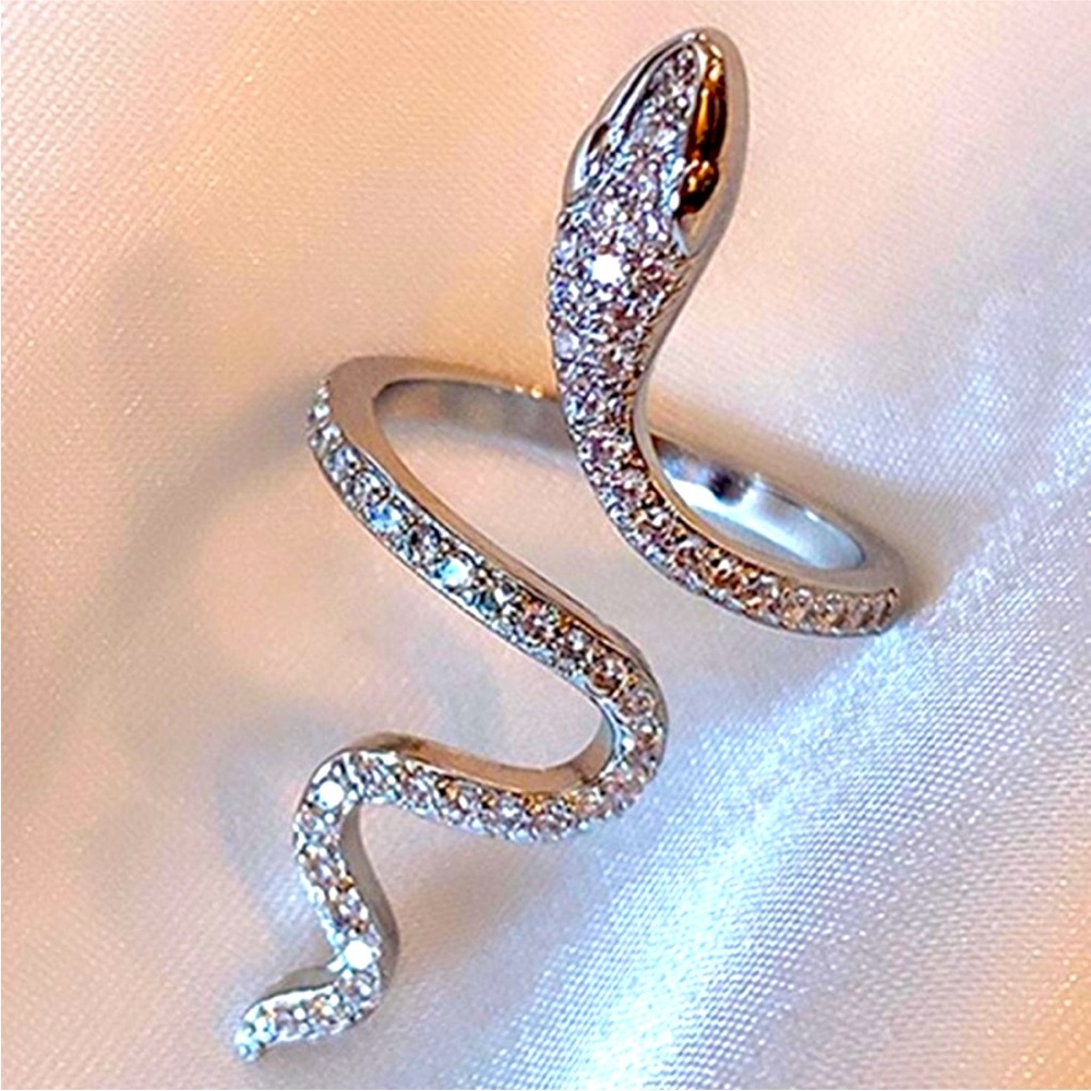 2/$10 New Silver Zinc Snake Ring w/ Diamond like Accents Adjustable & Unique